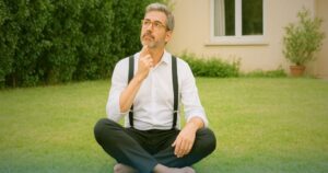Uomo seduto sull’erba riflette con espressione curiosa interrogandosi sulla differenza tra Cessione del Quinto e Prestito personale.