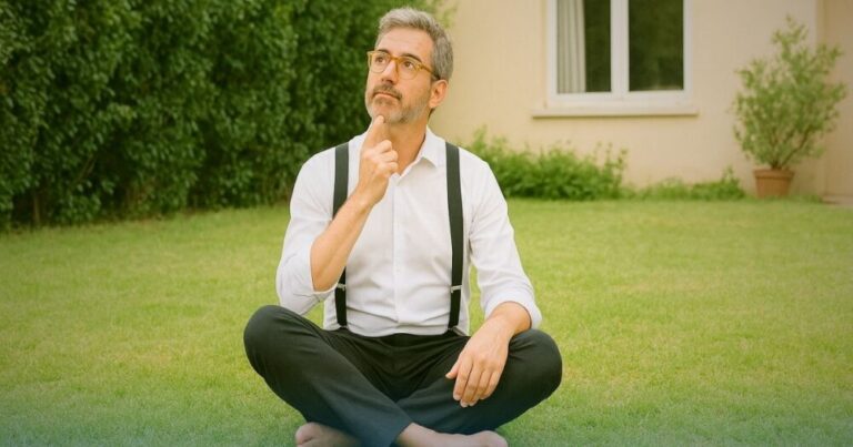 Uomo seduto sull’erba riflette con espressione curiosa interrogandosi sulla differenza tra Cessione del Quinto e Prestito personale.
