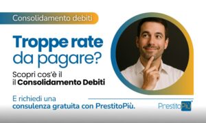 Uomo che riflette su come semplificare i debiti tramite consolidamento. Soluzione per chi ha troppe rate da pagare, con PrestitoPiù