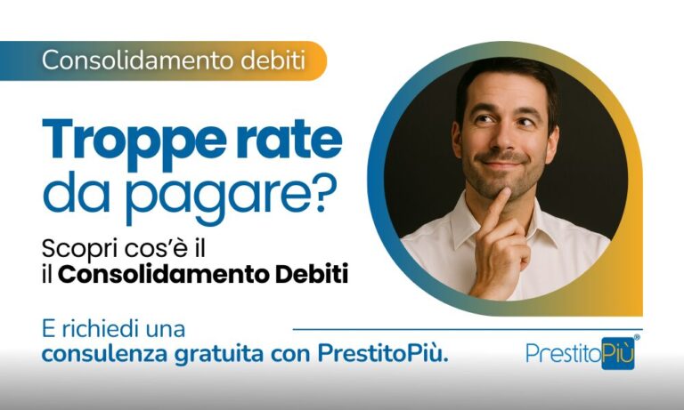 Uomo che riflette su come semplificare i debiti tramite consolidamento. Soluzione per chi ha troppe rate da pagare, con PrestitoPiù