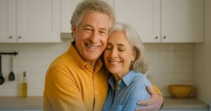 Coppia di pensionati sorride abbracciata in cucina che rappresenta la serenità di ottenere un prestito anche per pensionati con invalidità.