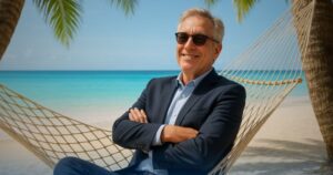 Pensionato elegante e sorridente si rilassa su un'amaca in riva al mare – serenità economica con la Cessione del Quinto.