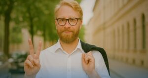 Uomo sorridente mostra il numero due con le dita simboleggiando la doppia trattenuta in busta paga