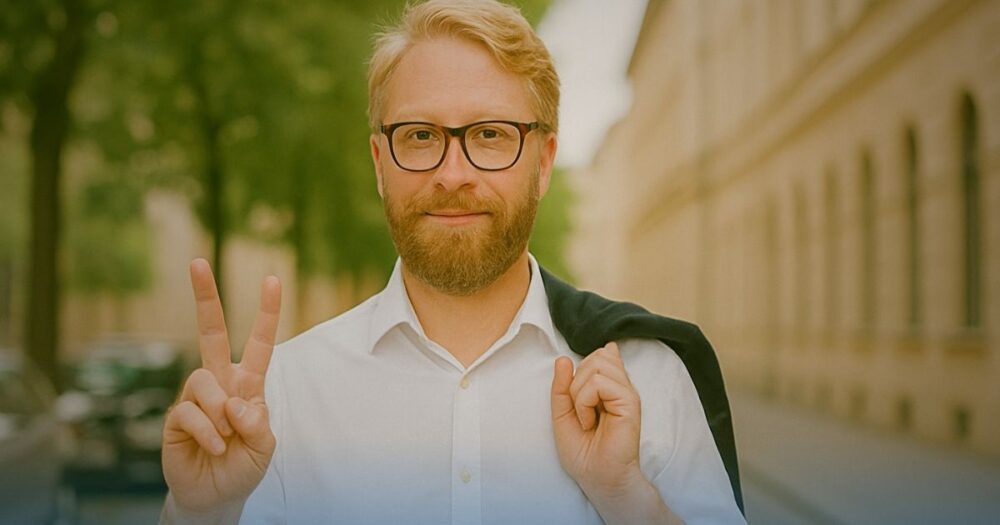Uomo sorridente mostra il numero due con le dita simboleggiando la doppia trattenuta in busta paga