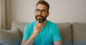 Uomo riflessivo seduto sul divano – valuta con attenzione la simulazione per estinguere anticipatamente un prestito.