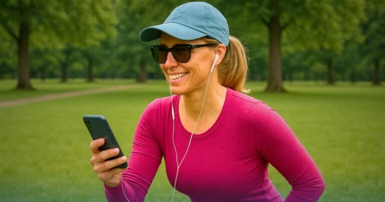 Donna sorride mentre cammina all’aperto e consulta lo smartphone – serenità grazie all'accredito dello stipendio PA di maggio e alla possibilità di pianificare spese con l'aiuto di un prestito