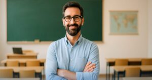 Insegnante sorridente in aula, rappresentazione dei benefici previsti per docenti e personale ATA nel 2025.