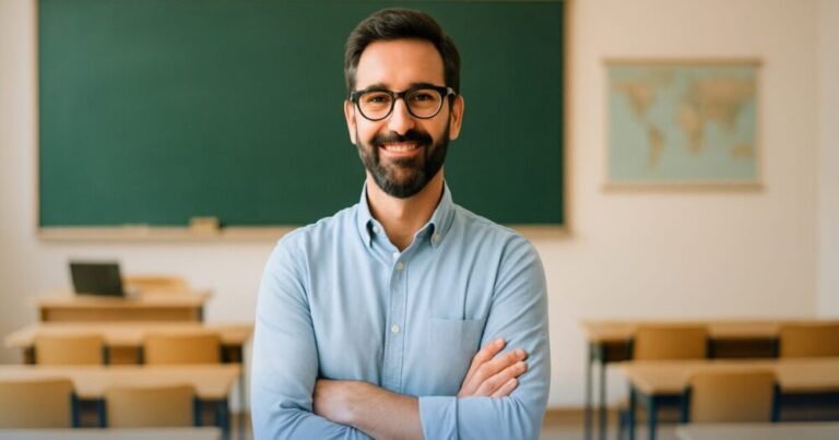 Insegnante sorridente in aula, rappresentazione dei benefici previsti per docenti e personale ATA nel 2025.