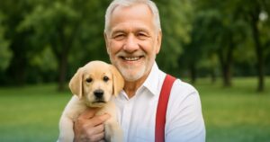 Uomo pensionato sorride tenendo in braccio un cucciolo di labrador, simboleggiando la serenità per aver ottenuto un prestito per pensionati dopo aver letto la guida utile per capire fino a che età si può richiedere un prestito
