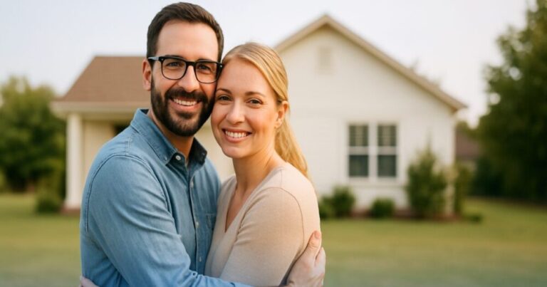 Coppia sorridente davanti casa simbolo di mutuo e cessione del quinto che coesistono