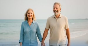 Coppia senior felice che cammina sulla spiaggia mano nella mano, simboleggiando la serenità di maggior potere d'acquisto grazie alla quattordicesima per pensionati del 2025.