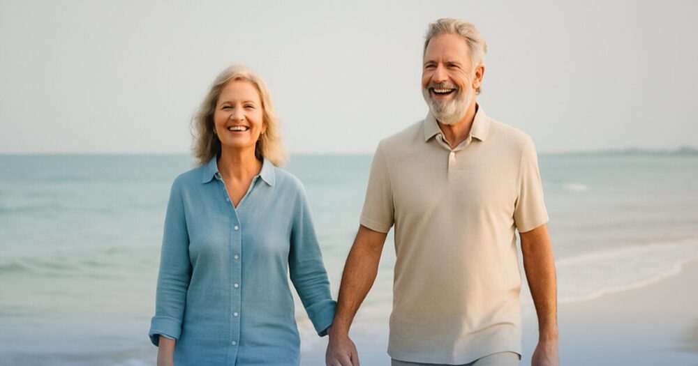Coppia senior felice che cammina sulla spiaggia mano nella mano, simboleggiando la serenità di maggior potere d'acquisto grazie alla quattordicesima per pensionati del 2025.