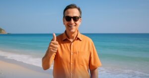 Pensionato sereno in spiaggia rappresenta benefici dei prestiti in convenzione INPS dopo averne ottenuto uno
