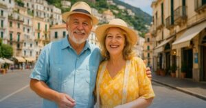 Coppia di pensionati in vacanza sorride, simbolo di aver ottenuto un prestito dopo aver letto la guida utile su quali sono i prestiti per i pensionati