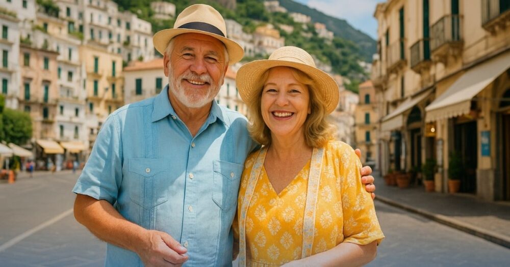 Coppia di pensionati in vacanza sorride, simbolo di aver ottenuto un prestito dopo aver letto la guida utile su quali sono i prestiti per i pensionati