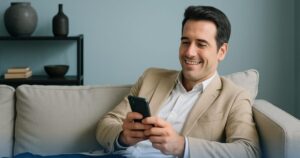 Uomo sorridente consulta il proprio smartphone seduto sul divano per leggere il cedolino noipa di giugno 2025 relativo agli stipendi pa