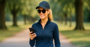 Donna in abbigliamento sportivo consulta lo smartphone, simbolo dell'accesso digitale ai cedolini NoiPA per vedere l'accredito dello stipendio di giugno 2025