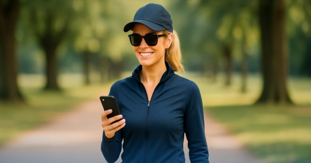 Donna in abbigliamento sportivo consulta lo smartphone, simbolo dell'accesso digitale ai cedolini NoiPA per vedere l'accredito dello stipendio di giugno 2025